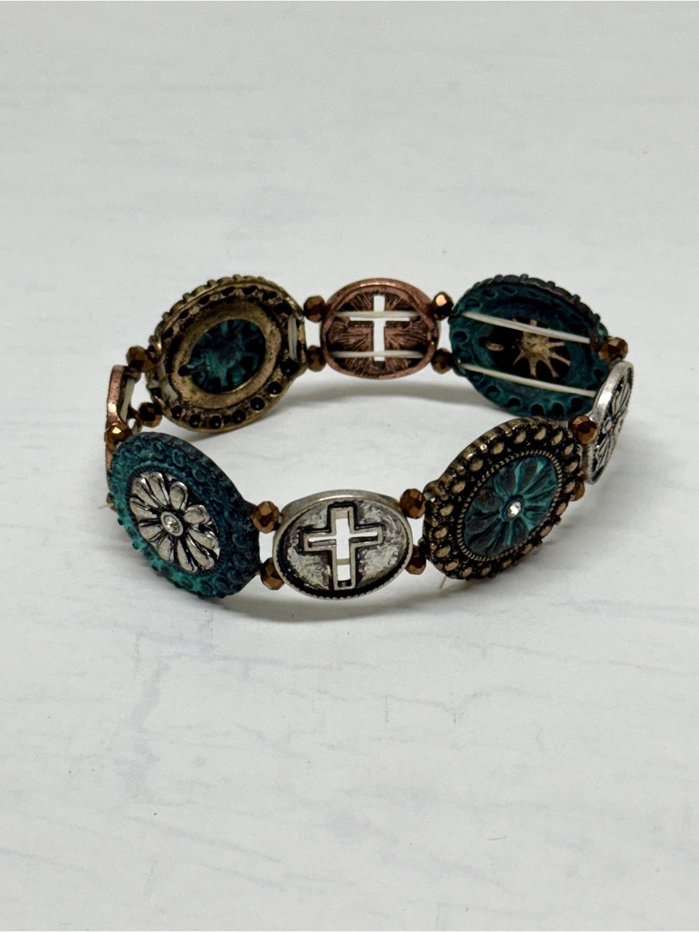 Teal and Antique Silver Cross-Link Stretch Bracelet